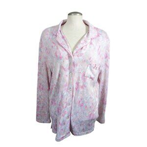Laura Ashley Womens XL Sleep Lounge Shirt Pink Tie Dye Button Up Stretch Soft